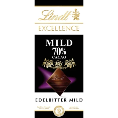 Abbildung von Lindt EXCELLENCE Mild 70 % Kakao milde Edelbitter Schokolade 100 g Tafel Extra Bitter Intensiver Geschmack Dunkle Vegane Schokoladengeschenk