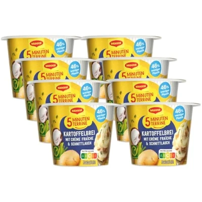 Abbildung von MAGGI 5 Minuten Terrine Kartoffelbrei mit Creme fraiche, leckeres Fertiggericht, Instant Kartoffel Püree, Snack, 8er Pack (8 x 53g)