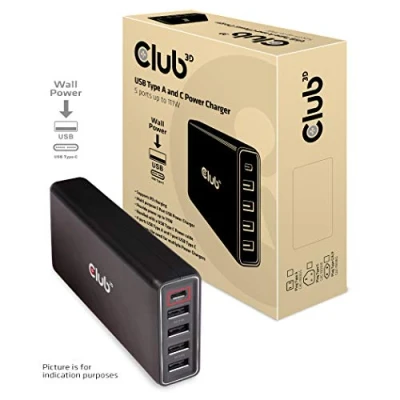 Abbildung von Club 3D USB Typ A und C Ladegerät 5 Ports bis zu 111W