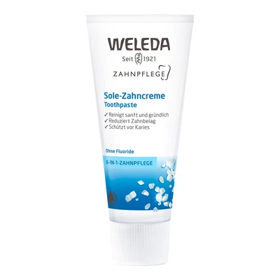 Abbildung von WELEDA Bio Sole Zahnpasta fluoridfreie Naturkosmetik Zahncreme mit Meersalz zur natürlichen Zahnpflege. Sanfte Zahnreinigung Pfefferminzöl schützt Zähne vor Karies &amp; Zahnstein (vegan / 75ml)