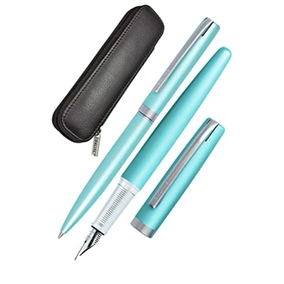 Abbildung von Online Schreib Set Eleganza I enthält Kugelschreiber, Füller, Echt Lederetui Farbe Satin Turquoise 3 teilig in hochwertiger Geschenkbox Füllhalter für Standardpatronen 34646