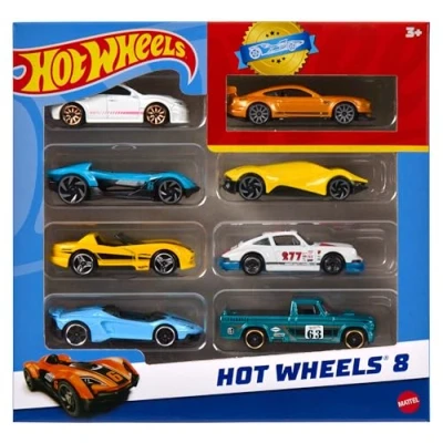 Abbildung von Hot Wheels, Set mit 8 Basic Spielzeugautos und Trucks im Maßstab 1:64, inklusive 1 exklusivem Fahrzeug, Laufe des Jahres erschienen Verschiedene Sortimente, Stil kann abweichen, HPV78