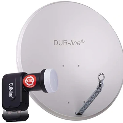 Abbildung von DUR line 2 Teilnehmer Set Qualitäts Alu Satelliten Komplettanlage Select 85cm/90cm Spiegel/Schüssel Hellgrau + Twin LNB für Receiver/TV [Neuste Technik, DVB S2, 4K, 3D]