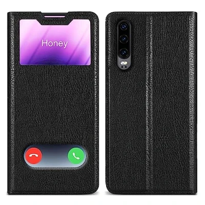 Abbildung von Cadorabo Hülle kompatibel mit Huawei P30 in KOMETEN SCHWARZ Schutzhülle Magnetverschluss, Standfunktion und 2 Sichtfenstern