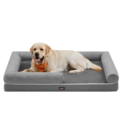Abbildung von Feandrea Orthopädisches Hundebett, Hundekissen, Hundekorb, weiche Polsterung, Hundesofa, erhöhte Ränder, Bezug abnehmbar und waschbar, 135 x 107 25 cm, rutschfeste Unterseite, hellgrau PGW079G02