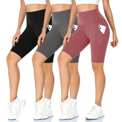 Abbildung von MOREFEEL 3er Pack Damen Radlerhose mit Taschen High Waist Sport Shorts Blickdicht Kurze Sporthose Sommer für Yoga Fitness(Schwarz+Dunkelgrau+Dunkelrosa,Small Medium)