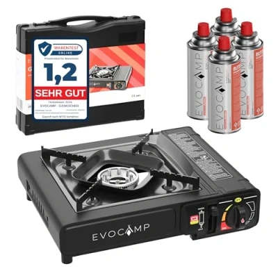 Abbildung von EVOCAMP Gaskocher 1 flammig mit 4 227g Gaskartuschen, inkl. Tragekoffer, (Campingkocher St), perfekt für Outdoor Aktivitäten