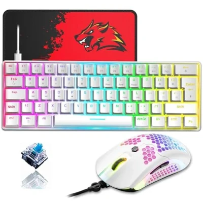 Abbildung von ZIYOU LANG T60 60% mechanische Gaming Tastaturmaus [UK Layout] RGB Beleuchtung, Typ C, ergonomische Mini Tastatur, 12.000 DPI, USB Wabenmaus Weiß+Blauer Schalter