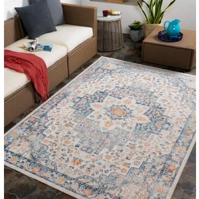 Abbildung von Surya Outdoor Teppich wetterfest, Assa In und für Balkon, Terrasse, Garten, Küche Boho Style, draußen Blue,120x170cm