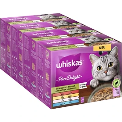 Abbildung von Whiskas 1+ Katzenfutter Pure Delight Gemischte Auswahl in Gelee, 12x85g (4 Packungen) Hochwertiges Nassfutter für ausgewachsene Katzen 48 Portionsbeuteln