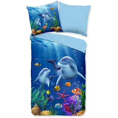 Abbildung von PURE luxury collection Kinderbettwäsche &quot;Mare&quot;, Mikrofaser, 135x200, Pflegeleicht, Wendeoptik, Kind, Delfin Meer, Blau