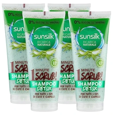 Abbildung von Sunsilk Shampoo Scrub Detox natürliches Nachfüllung für alle Haut und Haartypen mit Aloe Vera Inhaltsstoffe natürlichen Ursprungs ohne Silikone 4 Flaschen à 200 ml