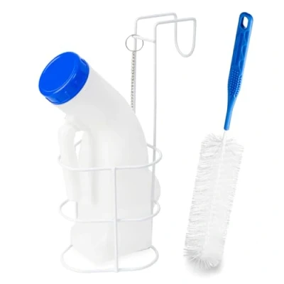 Abbildung von Urinflasche mit Halterung und Reinigungsbürste, ARNOMED Urinflaschen für Männer &amp; Frauen 1000ml, PP auslaufsicher, Halterung, Urinal Deckel Bürste, Mobile Toilette