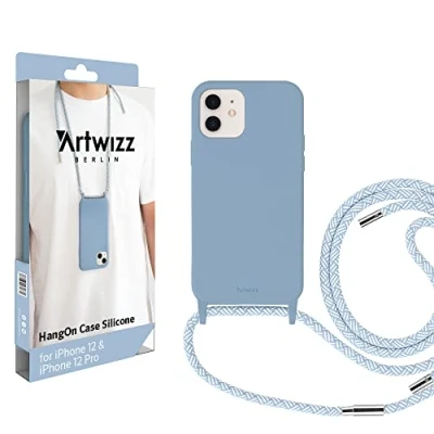 Abbildung von Artwizz HangOn Case geeignet für iPhone 12/12 PRO Elastische Schutzhülle aus Silikon als Handykette zum Umhängen mit Band Nordic Blue