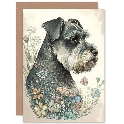 Abbildung von Artery8 Grey Schnauzer Dog and Spring Flowers Boho Portrait Watercolour Illustration Art Birthday Sealed Greeting Card Plus Envelope Blank inside