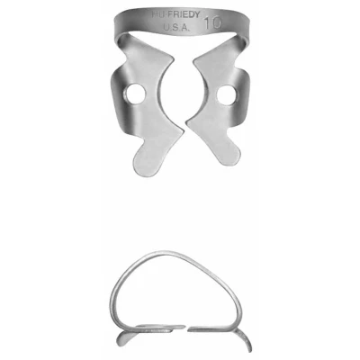 Abbildung von Kofferdam Klammer Satin Steel Figur 10 OK links/UK rechts Molaren Stück
