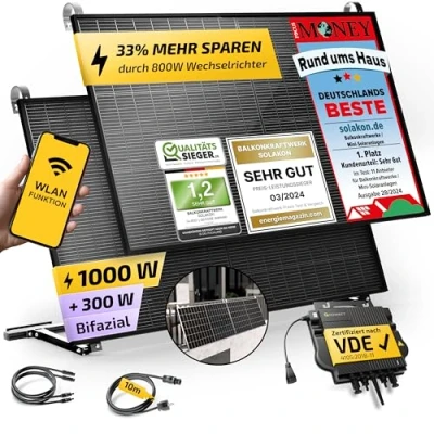 Abbildung von Solakon® 1000W Balkonkraftwerk mit Halterung (Balkon) 800W komplett Steckdose neuester 800 Watt Wechselrichter Solaranlage Komplettset 500W bifaziale Solarmodule inkl. Zubehör