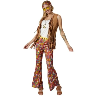 Abbildung von dressforfun Hippie Kostüm Damenkostüm, Braune Weste und Hose mit passenden Accessoires.