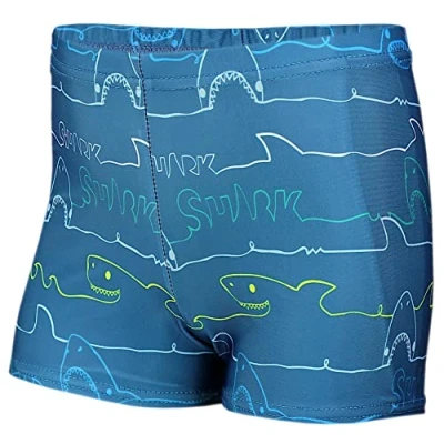 Abbildung von Aquarti Jungen Badehose Gestreift mit Motiven, Farbe: Haie/Jeans, Größe: 146
