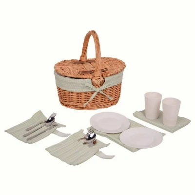 Abbildung von UNUS® Picknickkorb für Kinder oval aus Weide mit Stoffauskleidung Komplettset 2 Personen Besteck, Tellern und Bechern Tragbarer Weidenkorb Picknick Ausflüge