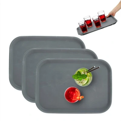 Abbildung von Relaxdays Serviertablett, 3er Set, rutschfeste Oberfläche, BxT 35,5 x 25,5 cm, eckiges Kellnertablett, Gastronomie, grau