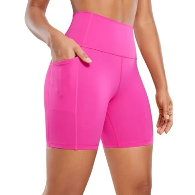 Abbildung von CRZ Yoga Naked Feeling Damen Kurze Leggings High Waist Radlerhose Fitness Sporthose mit Taschen 15cm Hibiskus Purpur 44