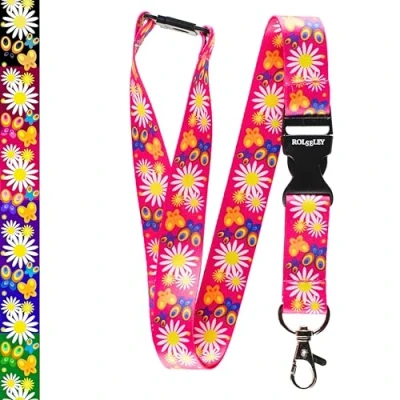 Abbildung von Umhängeband mit Gänseblümchen Design und Metallclip. 1 Daisy Pink