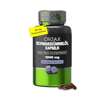 Abbildung von Orzax Schwarzkümmelöl Kapseln 1000mg mit 20mg Thymochinon pro Tagesdosis (original Nigella sativa) Türkisch 90 naturbelassen &amp; kaltgepresst, Laborgeprüft