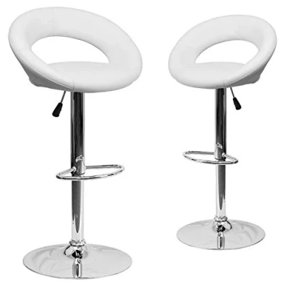 Abbildung von Flash Furniture Moderner Barhocker aus Vinyl, abgerundete Rückenlehne, höhenverstellbar, mit Chromsockel, Weiß, 2 Stück