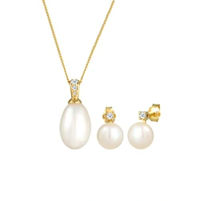 Abbildung von Elli DIAMONDS Schmuckset Damen Ohrstecker Klassisch Perle mit Diamant (0.11 ct.) in 585 Gelbgold