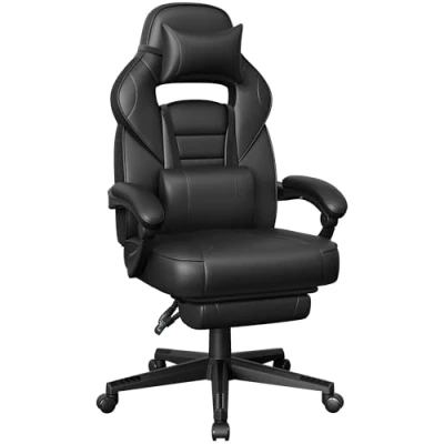 Abbildung von SONGMICS Bürostuhl, Gaming Stuhl, verstellbar, Teleskop Fußstütze, Wippmechanismus, Kopfstütze, Lendenwirbelstütze, Belastung 150 kg, Tintenschwarz OBG073B05