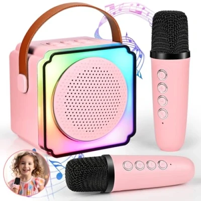 Abbildung von Karaoke Maschine Kinder mit 2 Mikrofon Kinde Mini Tragbares Bluetooth Lautsprecher Stimme wechselnde Effekte &amp; LED Lichteffektenfür Partei, Geschenke für Geburtstag, Weihnachten (Rosa)