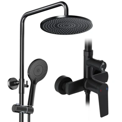 Abbildung von Rainsworth Duschsystem mit Armatur Schwarz, Regendusche aus Messing, 25 cm Regendusche, 3 Strahlarten Duschkopf, Duscharmatur Komplettset, Duschset