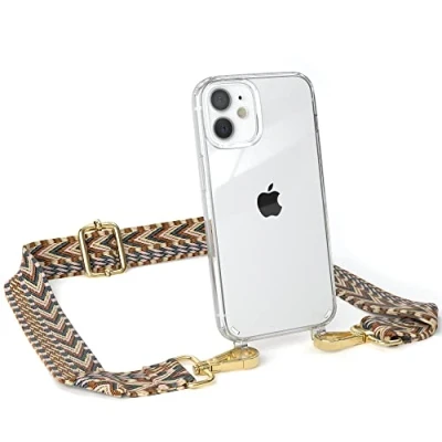 Abbildung von EAZY CASE Handykette Verstellbares Taschenband kompatibel mit iPhone 12 Mini, Schulterriemen, Handykordel Silikon Hülle, Umhängetasche, Hell Braun/Braun Endstücke Gold