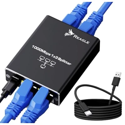 Abbildung von Reagle LAN Splitter Adapter RJ45, 3 Fach Ethernet Verteiler, Gigabit 1000Mbps, Kompatibel mit Cat8/7/6/5 Kabeln, USB C 5V Netzteil, Plug &amp; Play für TV, PC, Router, Konsolen