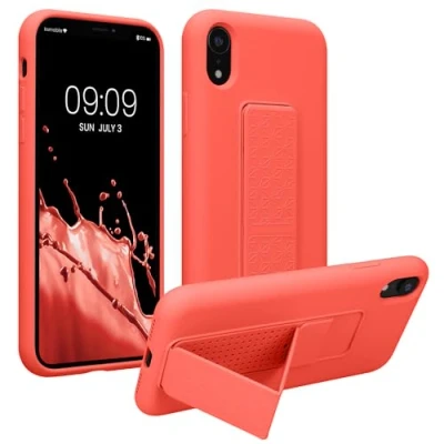 Abbildung von kwmobile Handyhülle kompatibel mit Apple iPhone XR Hülle Fingerhalter und Standfunktion Silikon Case Handy Cover in Koralle
