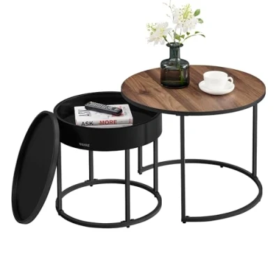 Abbildung von VASAGLE Couchtisch rund, 2er Set, Beistelltisch, Satztisch, modern, versteckter Stauraum, Tablett, für Wohnzimmer, Schlafzimmer, Balkon, naturwalnussfarben tintenschwarz LCT044K43