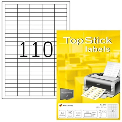 Abbildung von TopStick 8727 Universal Etiketten, 100 Blatt, 38,1 x 12,7 mm, 110 pro A4 Bogen, 11000 Stück, selbstklebend, bedruckbar, matt, blanko Papier Klebeetiketten Aufkleber, weiß