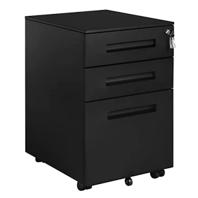 Abbildung von WOLTU Rollcontainer Metall, Mobiler Aktenschrank Büroschrank mit 3 Schubladen Bürocontainer, abschließbares und verstellbares Hängeregister, vormontiert, Büro, Home Office Schwarz SK023sz