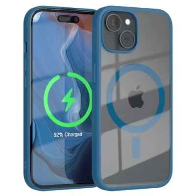 Abbildung von EAZY CASE Crystal TPU Hülle kompatibel mit iPhone 15 Qi Charging, Silikon Kameraschutz, Slimcover, Handyhülle, Silikonhülle, Backcover, Durchsichtig, Transparent/Dunkel Blau