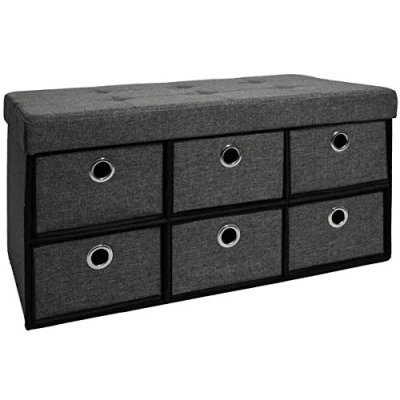 Abbildung von DuneDesign Faltbare Sitzbank 76x38x38cm inkl. 6 Schubladen Sitztruhe 80L Polsterbank Ottomane Leinen Dunkelgrau