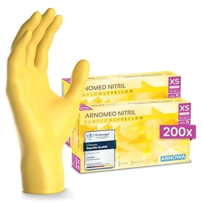 Abbildung von 200x ARNOMED Einweghandschuhe Gelb (2x100 Stück), Einmalhandschuhe XS, Nitril Handschuhe Einweg, Nitrilhandschuhe puderfrei, Gummihandschuhe Schutzhandschuhe, in S, M, L