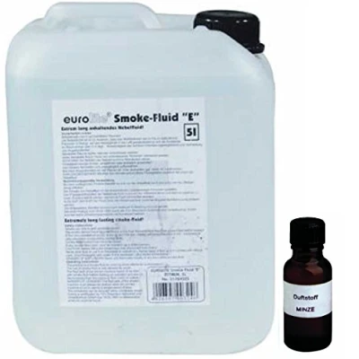 Abbildung von 5 Liter Eurolite E (Extrem) Nebelfluid + 30 ml Duftstoff Mint Minze, Smoke Fluid, Nebel Fluid Flüssigkeit für Nebelmaschine
