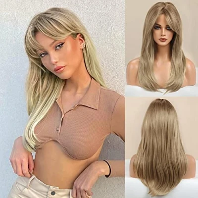 Abbildung von Honygebia Perücke Dunkelblond mit Pony Dark Blond Perücken für Damen, Lange Gerade Gewelltes, Frauen Natürliche Realistisches Synthetische Hitzeresistente Haar Karneval/Kostüme