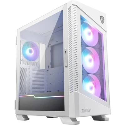 Abbildung von MSI MPG Velox 100R White Mid Tower PC Gehäuse, geeignet für E ATX Mainboards, Front aus gehärtetem Glas, 4X 120mm ARGB Lüfter, Mystic Light, unterstützt 2X 360mm Kühler &amp; seitliche Lufteinlässe