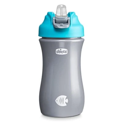 Abbildung von Chicco Pop up Cup, auslaufsicherer Glas für Kinder, praktisches Öffnen, Silikon Ausguss, luftdichter Verschluss, leicht zu tragen, Kinder 2 Jahre, Fassungsvermögen 350 ml, hellblau