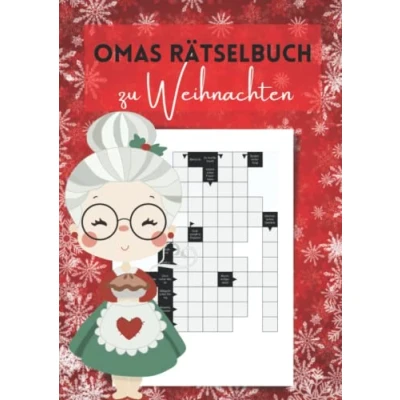 Abbildung von Omas Rätselbuch zu Weihnachten: Kreuzworträtsel mit großer Schrift und schweren Fragen für clevere Großeltern