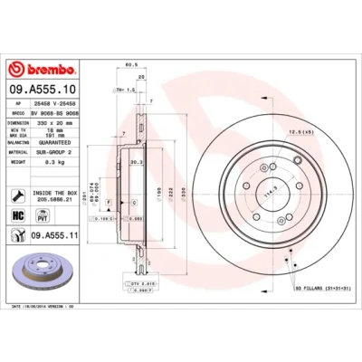 Abbildung von BREMBO COATED DISC LINE 09.A555.11 Bremsscheibe 330 20 5 innenbelüftet beschichtet hochgekohlt mit Schrauben HYUNDAI: Genesis I Coupe