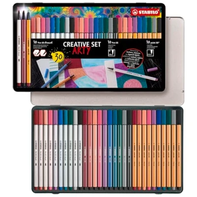 Abbildung von Premium Filzstift mit Pinselspitze, &amp; Fineliner STABILO Pen 68 brush, point 88 ARTY 30er Metalletui 10x