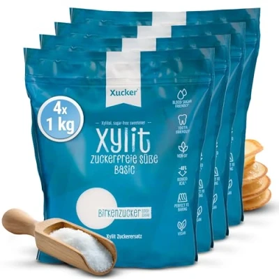 Abbildung von Xucker Basic Xylit Birkenzucker 4x 1kg Nachfüllbeutel kalorienreduzierter Zuckerersatz I zahnfreundliche Kristallzucker Alternative zum Kochen &amp; Backen natürliche Süße zuckerfrei